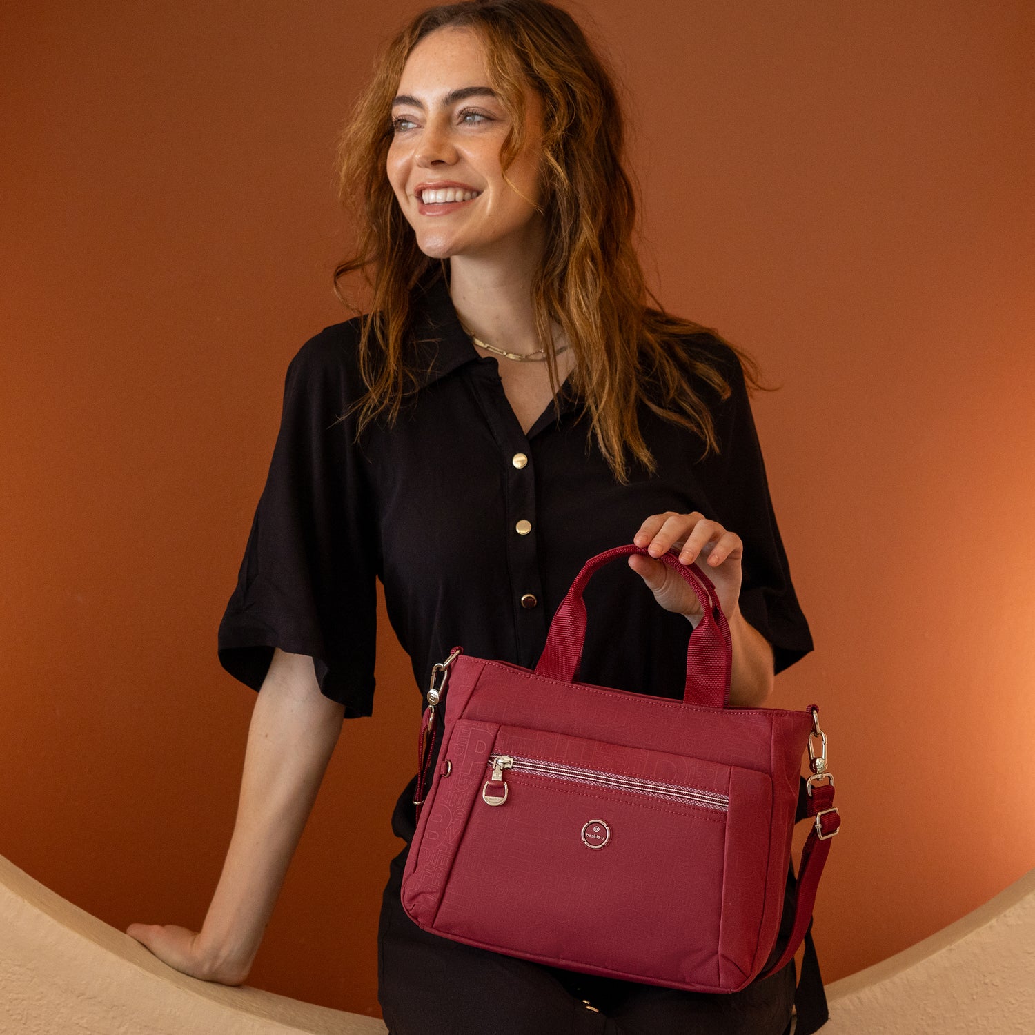 BFY2507-214 Glimmer Dark Red Satchel Front Model