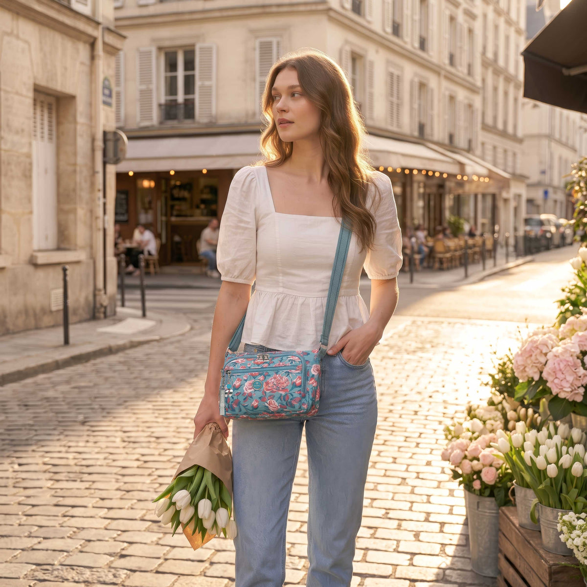 BFYP2564-3L8 Flower Slate Blue Petals Crossbody Model