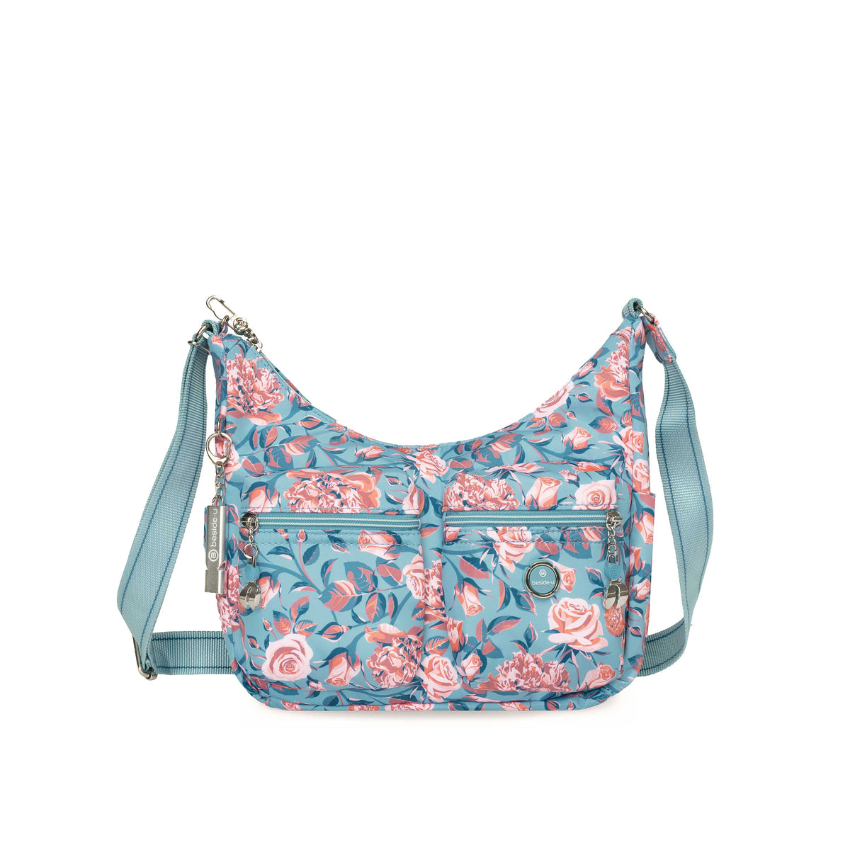 BFYP2601-3L8 Zinnia Slate Blue Petals Crossbody Front