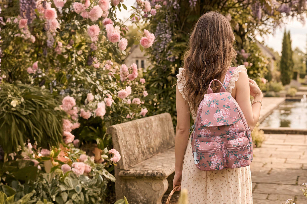 BFYP2634-965 Cosmos Rose Blooms Backpack Model Standing